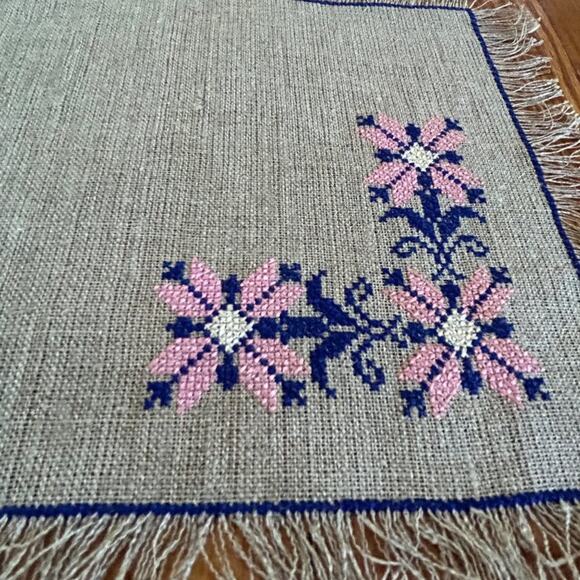 Vintage Pink Floral Embroidered 10”x10” Placemats on Burlap with Fringed Edge - Picture 1 of 9